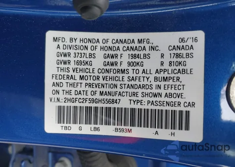 2016 Honda Civic Lx из США, поврежденный, VIN 2HGFC2F59GH556847